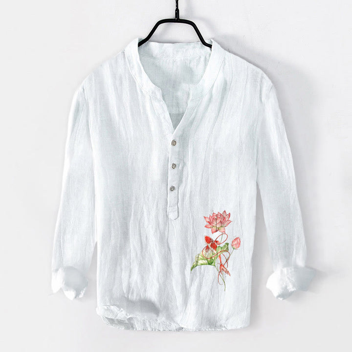 Camisa de manga larga para hombre, de algodón y lino, con estampado de Buddha Stones , peces koi nadando y loto, con botones a la mitad. - Blanco - US/UK/AU50, EU60 (5XL) - image 0