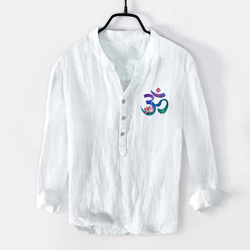 Camisa de manga larga para hombre, de algodón y lino, con estampado de Buddha Stones, loto y símbolo OM, y botones a la mitad. - image 8