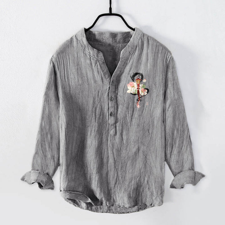 Camisa de manga larga para hombre, de algodón y lino, con estampado de Buddha Stones, dragón, loto y linterna, y botones a la mitad. - Gris - US/UK/AU50, EU60 (5XL) - image 6