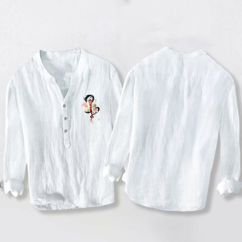 Camisa de manga larga para hombre, de algodón y lino, con estampado de Buddha Stones, dragón, loto y linterna, y botones a la mitad. - image 5