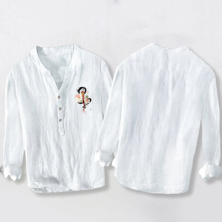 Camisa de manga larga para hombre, de algodón y lino, con estampado de Buddha Stones, dragón, loto y linterna, y botones a la mitad. - image 5