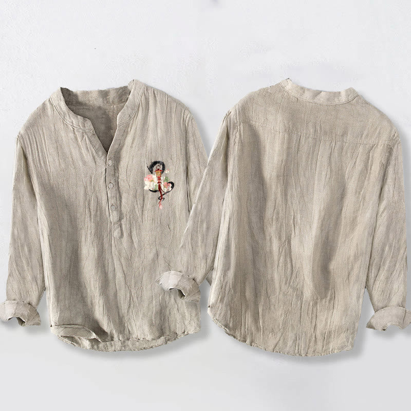 Camisa de manga larga para hombre, de algodón y lino, con estampado de Buddha Stones, dragón, loto y linterna, y botones a la mitad. - image 2