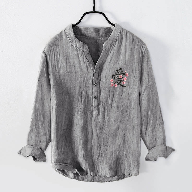 Camisa de manga larga para hombre, de algodón y lino, con estampado de flores de durazno y Buddha Stones. Diseño con medio botón. - Gris - US/UK/AU50, EU60 (5XL) - image 3