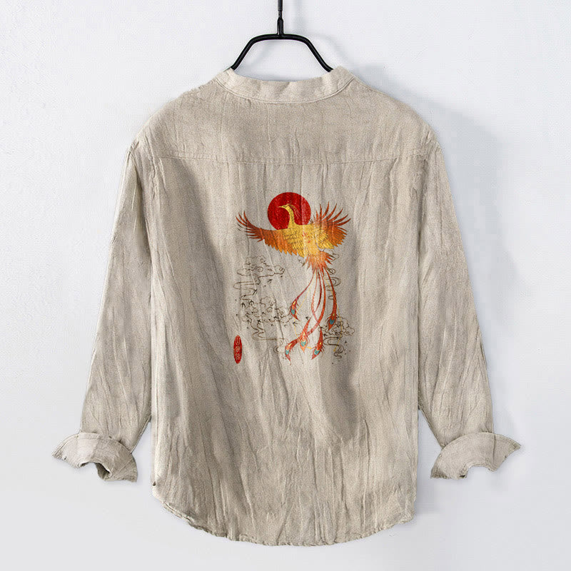 Camisa de manga larga para hombre, de algodón y lino, con estampado de Buddha Stones, nubes de fénix y sol rojo, y botones a la mitad. - image 0