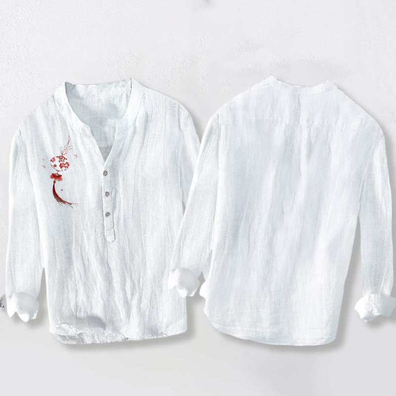 Camisa de manga larga para hombre, de algodón y lino, con estampado de farolillos rojos y flores de Buda, medio botón y diseño de Buddha Stones. - image 2