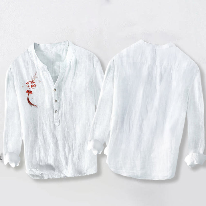 Camisa de manga larga para hombre, de algodón y lino, con estampado de farolillos rojos y flores de Buda, medio botón y diseño de Buddha Stones. - image 2