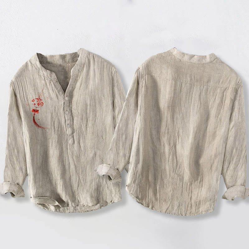 Camisa de manga larga para hombre, de algodón y lino, con estampado de farolillos rojos y flores de Buda, medio botón y diseño de Buddha Stones. - image 5