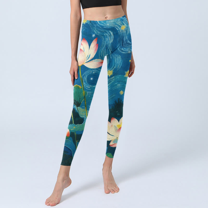 Leggings de gimnasio con estampado de Buddha Stones, flores de loto y cielo estrellado, pantalones de yoga para mujer - image 5