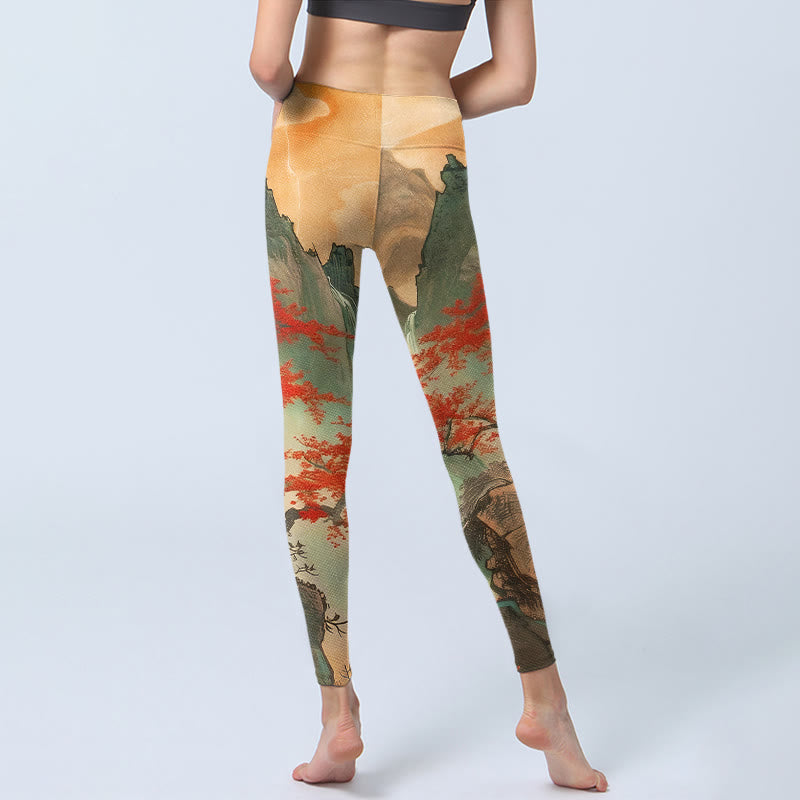 Leggings de gimnasio con estampado de Buddha Stones, montañas, árboles y sol naciente, pantalones de yoga para mujer - image 6