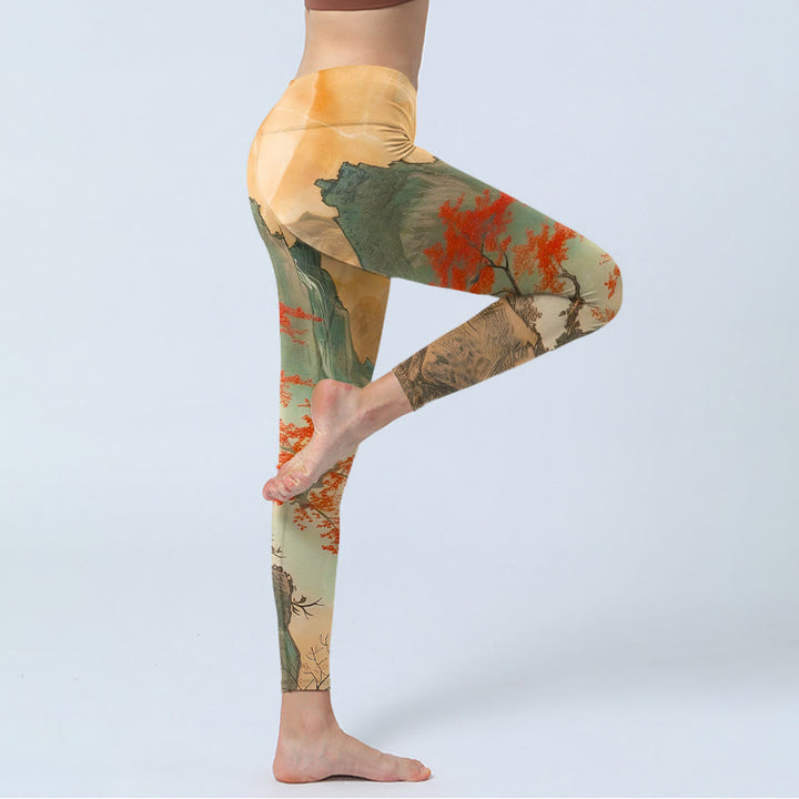Leggings de gimnasio con estampado de Buddha Stones, montañas, árboles y sol naciente, pantalones de yoga para mujer - image 4