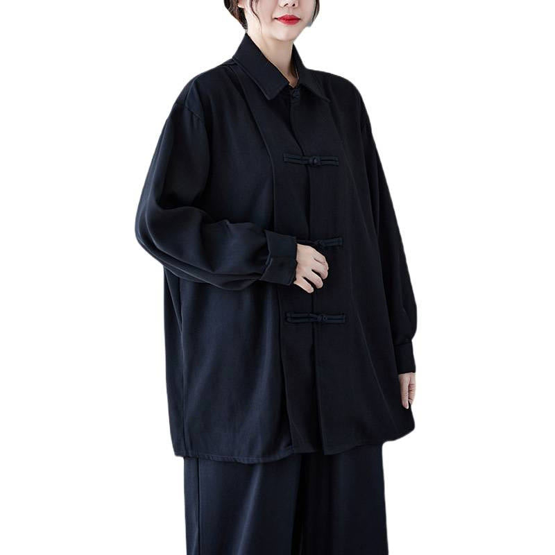 Camisa de manga larga de algodón para mujer, negra lisa con solapa de botón de rana y estampado de Buddha Stones - image 7