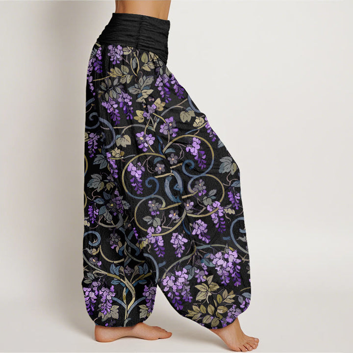Pantalones bombachos de cintura elástica para mujer, estilo retro, con estampado de glicinas y algodón puro de Buddha Stones. - image 2