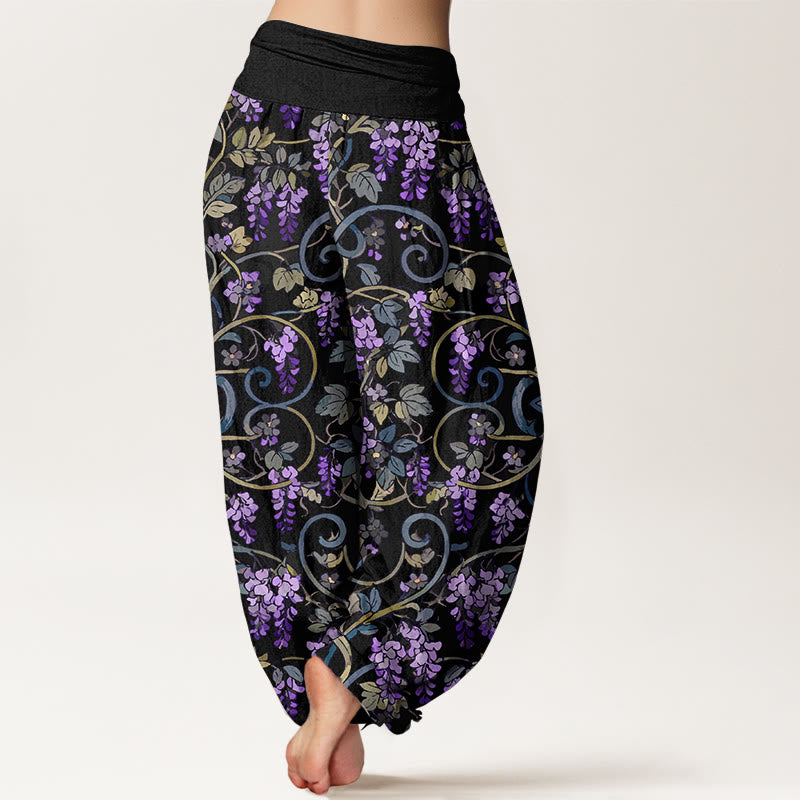 Pantalones bombachos de cintura elástica para mujer, estilo retro, con estampado de glicinas y algodón puro de Buddha Stones. - image 1
