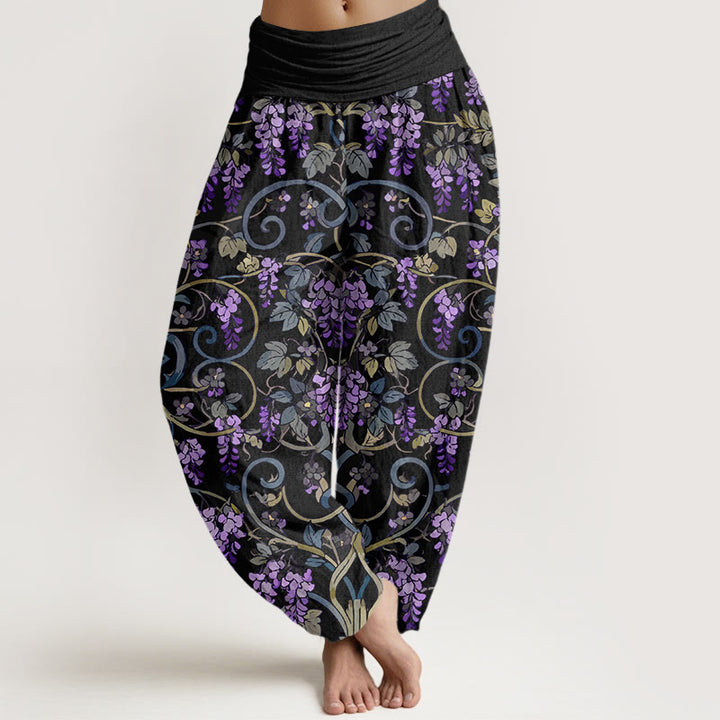 Pantalones bombachos de cintura elástica para mujer, estilo retro, con estampado de glicinas y algodón puro de Buddha Stones. - Negro - US16，UK/AU20，EU48 (3XL) - image 0