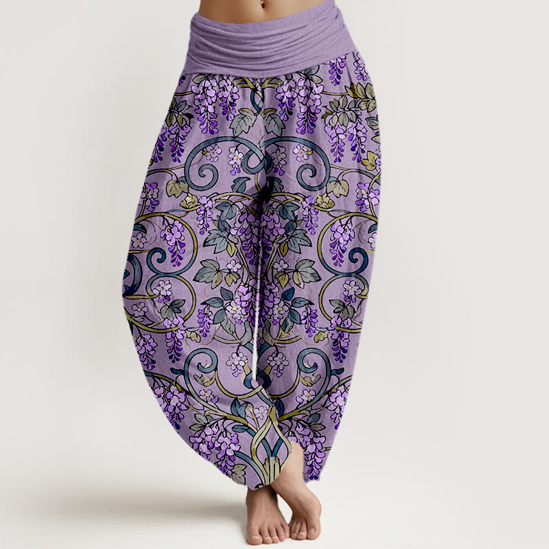 Pantalones bombachos de cintura elástica para mujer, estilo retro, con estampado de glicinas y algodón puro de Buddha Stones. - Morado medio - US16，UK/AU20，EU48 (3XL) - image 5