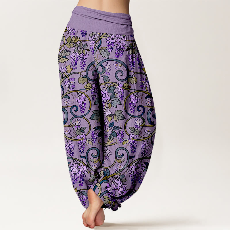 Pantalones bombachos de cintura elástica para mujer, estilo retro, con estampado de glicinas y algodón puro de Buddha Stones. - image 6