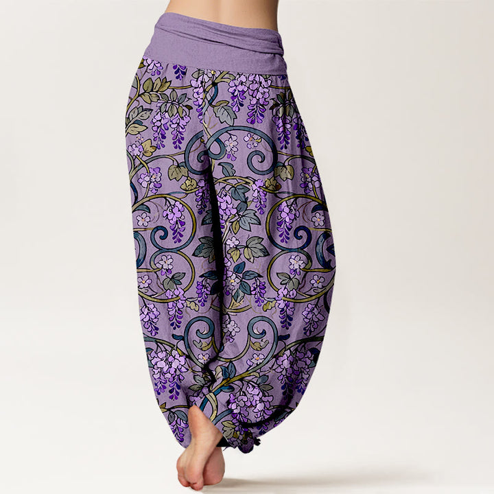 Pantalones bombachos de cintura elástica para mujer, estilo retro, con estampado de glicinas y algodón puro de Buddha Stones. - image 6