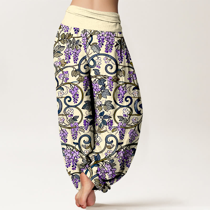 Pantalones bombachos de cintura elástica para mujer, estilo retro, con estampado de glicinas y algodón puro de Buddha Stones. - image 9