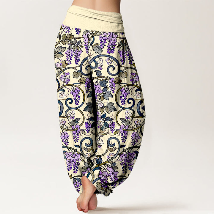 Pantalones bombachos de cintura elástica para mujer, estilo retro, con estampado de glicinas y algodón puro de Buddha Stones. - image 9