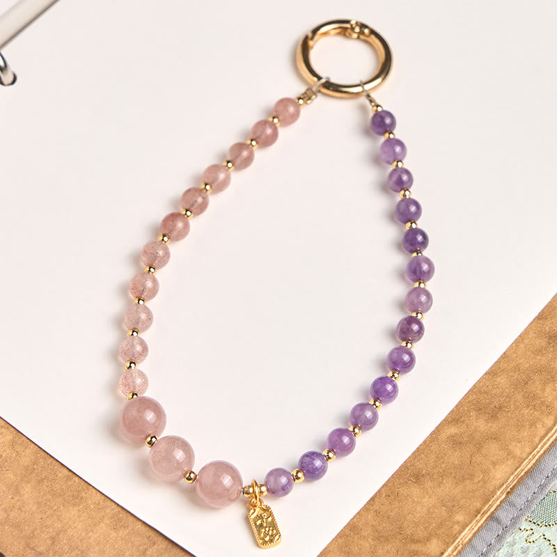Llavero colgante para teléfono con Buddha Stones, cuarzo fresa y amatista, ideales para la felicidad y la sanación. - image 1
