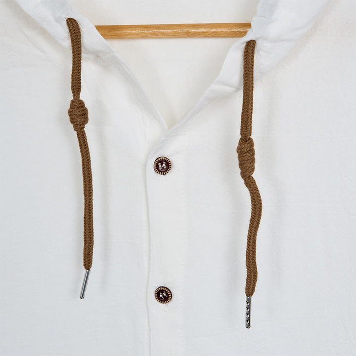 Camisa de algodón para hombre con capucha, manga larga, botones y cordón, color liso, con Buddha Stones - image 6