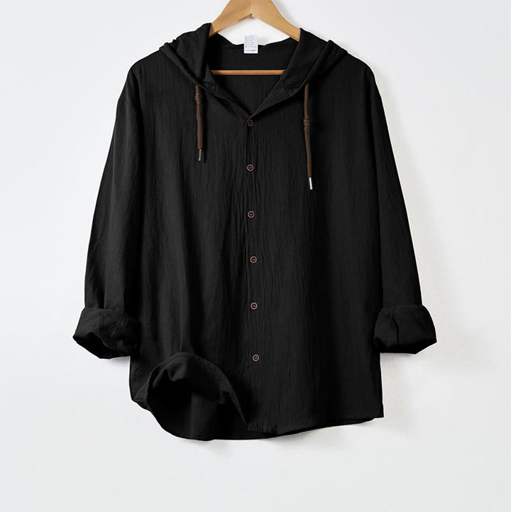 Camisa de algodón para hombre con capucha, manga larga, botones y cordón, color liso, con Buddha Stones - Negro - US/UK/AU44，EU54 (3XL) - image 9