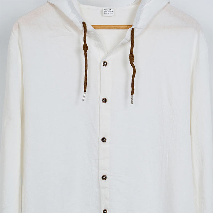 Camisa de algodón para hombre con capucha, manga larga, botones y cordón, color liso, con Buddha Stones - image 7