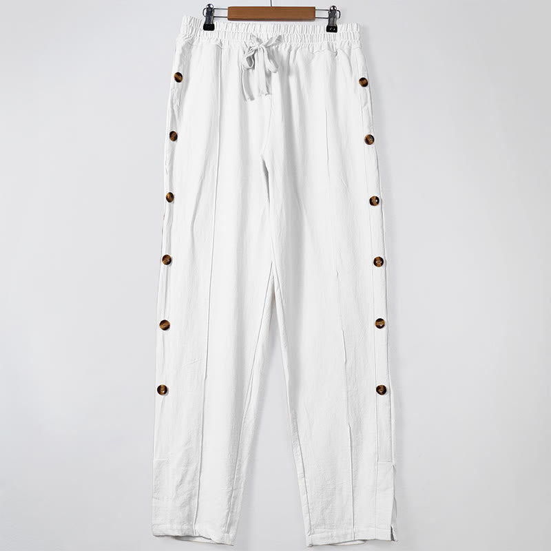 Pantalones de algodón para hombre con bolsillos y botones laterales de color liso con Buddha Stones - Blanco - US/UK/AU46, UE 56 (3XL) - image 10