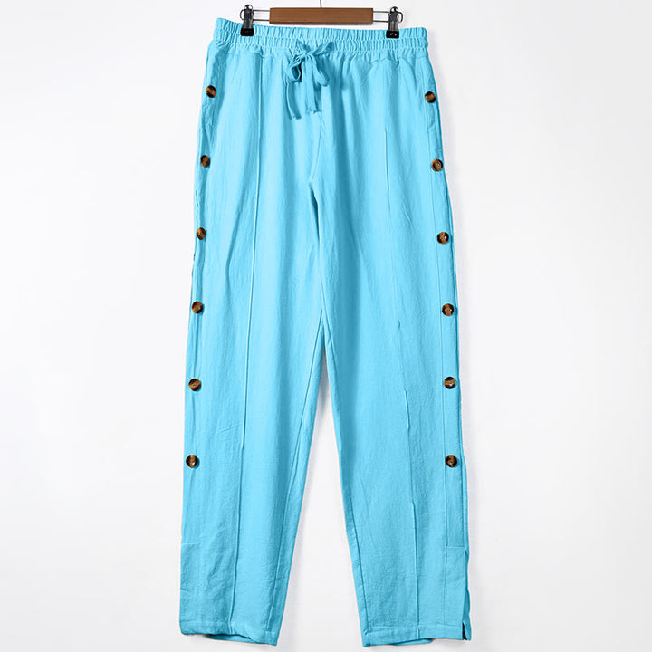 Pantalones de algodón para hombre con bolsillos y botones laterales de color liso con Buddha Stones - Azul cielo claro - US/UK/AU46, UE 56 (3XL) - image 9