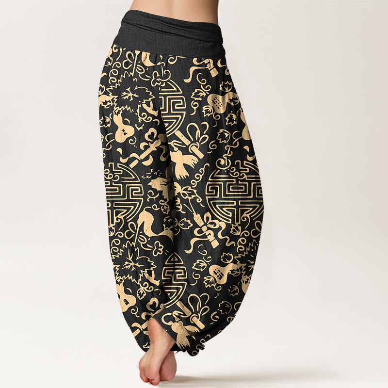 Pantalones bombachos de cintura elástica para mujer, de algodón puro con estampado de calabazas y caracteres chinos con Buddha Stones. - image 1