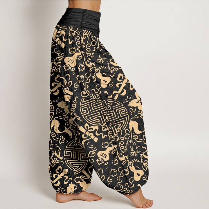 Pantalones bombachos de cintura elástica para mujer, de algodón puro con estampado de calabazas y caracteres chinos con Buddha Stones. - image 2