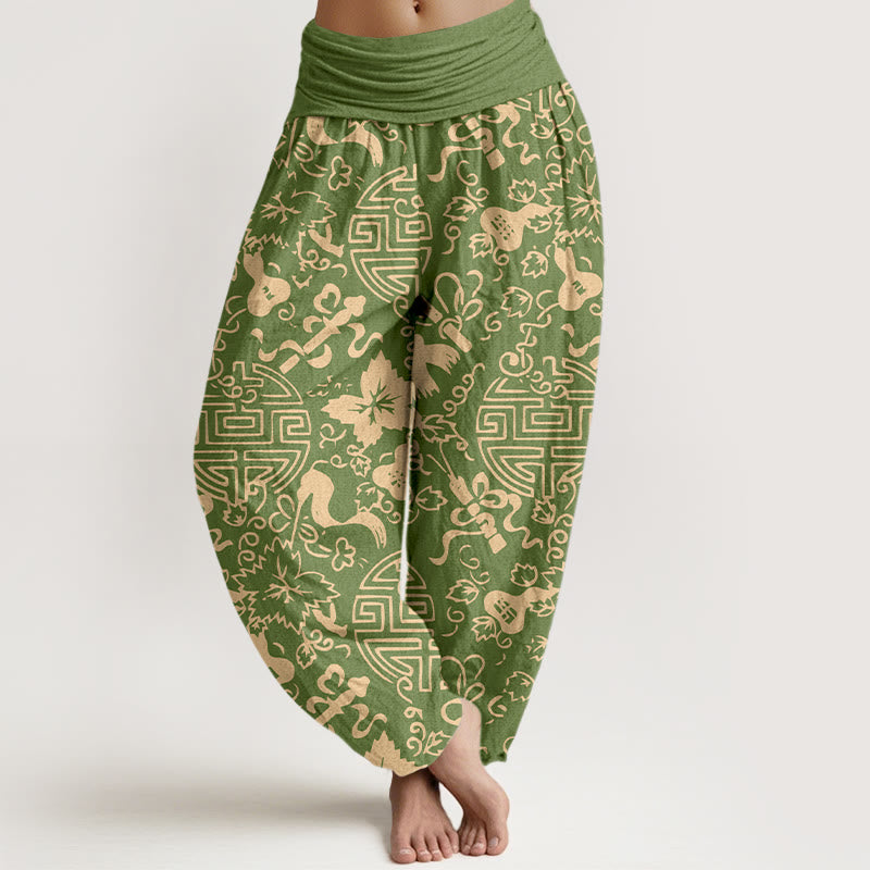 Pantalones bombachos de cintura elástica para mujer, de algodón puro con estampado de calabazas y caracteres chinos con Buddha Stones. - Verde amarillento - US16，UK/AU20，EU48 (3XL) - image 5
