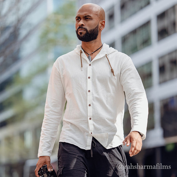 Camisa de algodón para hombre con capucha, manga larga, botones y cordón, color liso, con Buddha Stones - image 2