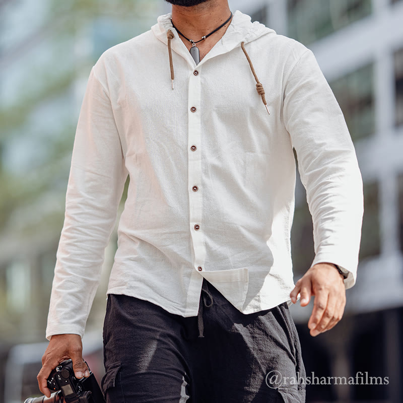 Camisa de lino para hombre con capucha, manga larga, botones y cordón, color liso, con Buddha Stones - Blanco - US/UK/AU44，EU54 (3XL) - image 0