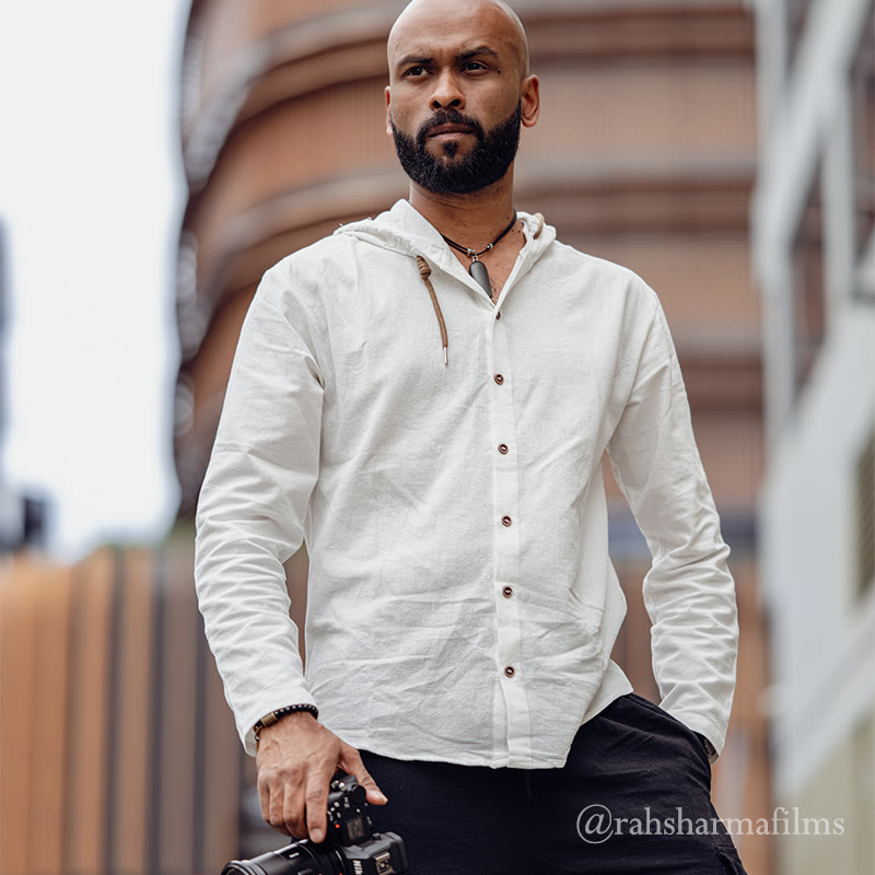 Camisa de lino para hombre con capucha, manga larga, botones y cordón, color liso, con Buddha Stones - image 1