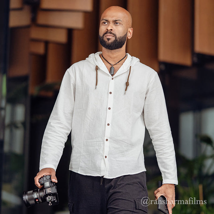 Camisa de algodón para hombre con capucha, manga larga, botones y cordón, color liso, con Buddha Stones - image 3