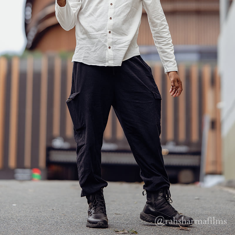 Pantalones cargo de lino con cordón y bolsillos para hombre, de color liso, con Buddha Stones - Negro - US/UK/AU46, EU56 (3XL) - image 0