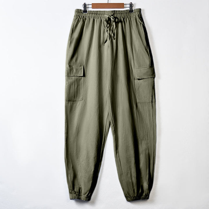 Pantalones cargo de lino con cordón y bolsillos para hombre, de color liso, con Buddha Stones - Verde mar oscuro - US/UK/AU46, UE 56 (3XL) - image 29