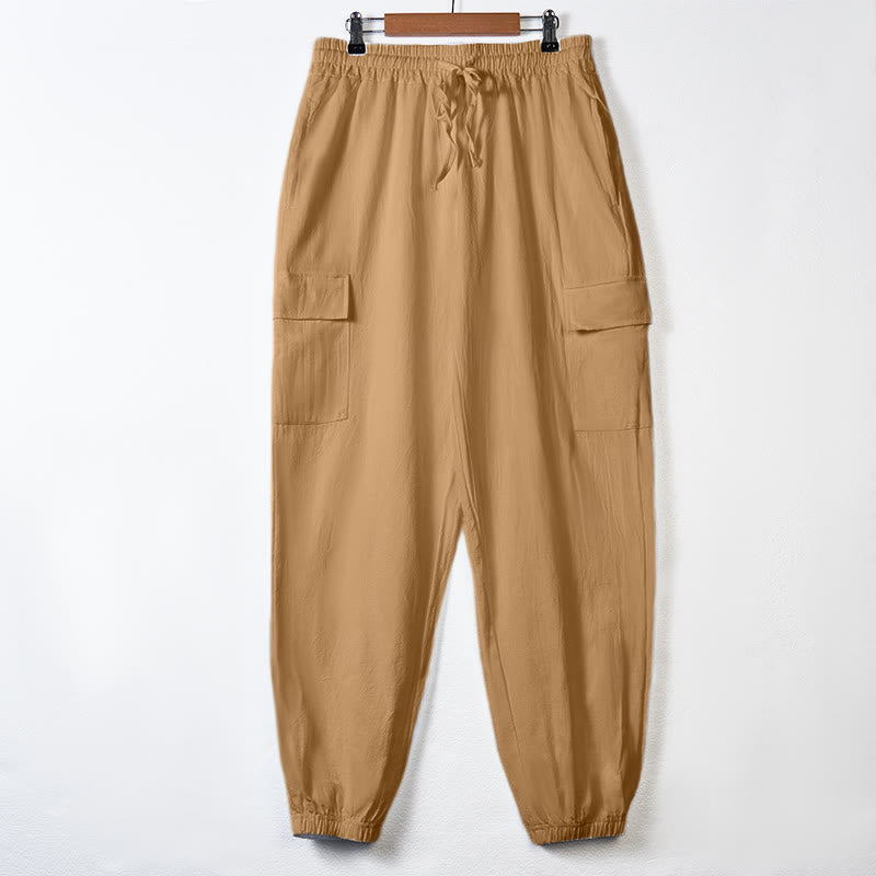 Pantalones cargo de lino con cordón y bolsillos para hombre, de color liso, con Buddha Stones - Sandy Brown - US/UK/AU46, UE 56 (3XL) - image 29