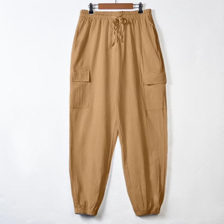 Pantalones cargo de lino con cordón y bolsillos para hombre, de color liso, con Buddha Stones - Sandy Brown - US/UK/AU46, UE 56 (3XL) - image 29