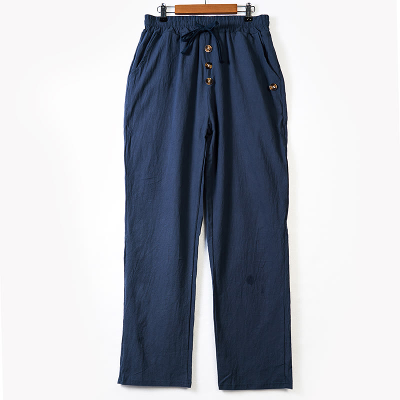 Pantalones de algodón para hombre con bolsillos y botones de color liso con cordón ajustable y Buddha Stones - image 1