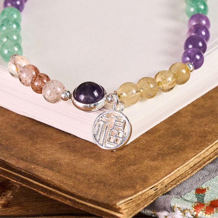 Llavero colgante para teléfono con dije de Buddha Stones con el personaje Fu y siete cristales de crecimiento. - image 1