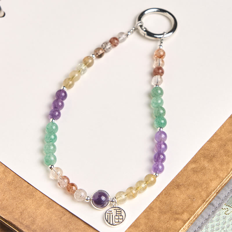 Llavero colgante para teléfono con dije de Buddha Stones con el personaje Fu y siete cristales de crecimiento. - Super Seven Crystal (Crecimiento Espiritual ♥) - image 0