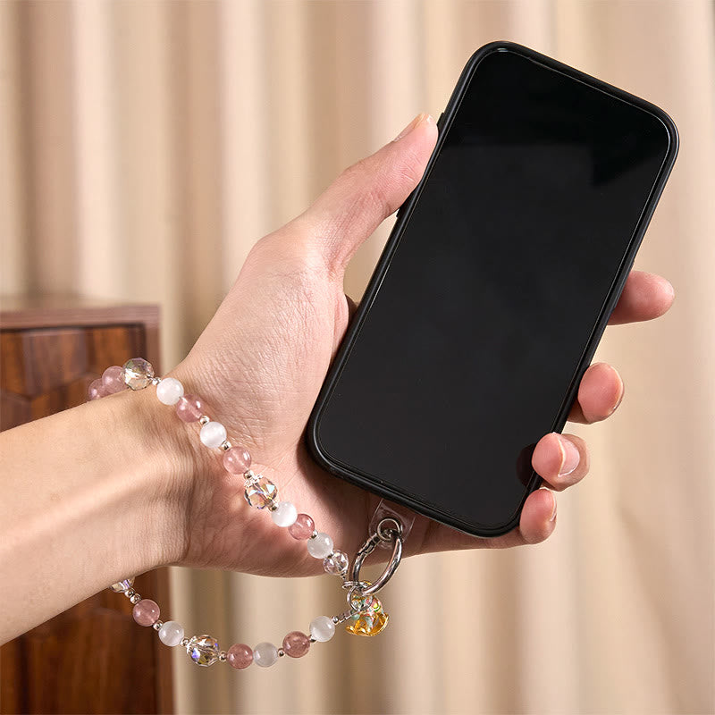 Buddha Stones Año del Caballo Cuarzo Fresa Llavero Ojo de Gato Blanco Decoración para Teléfono - image 5
