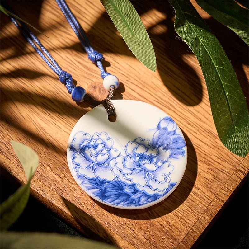 Collar de cerámica con símbolo de loto, peonía étnica, flores de melocotón y piedras de Buddha Stones, colgante de iluminación. - Peonías en flor - image 10
