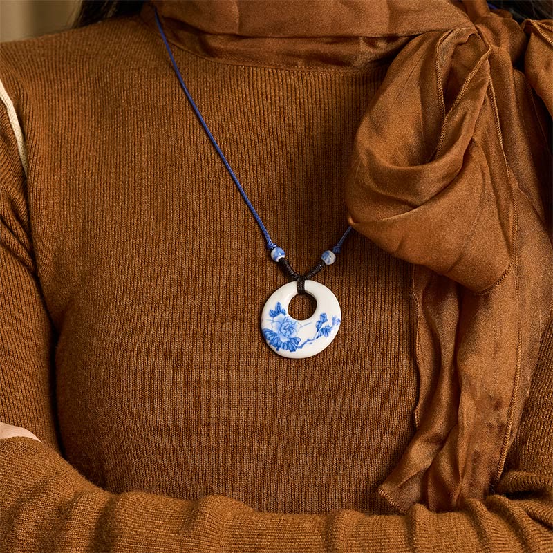 Collar de cerámica con símbolo de loto, peonía étnica, flores de melocotón y piedras de Buddha Stones, colgante de iluminación. - image 9