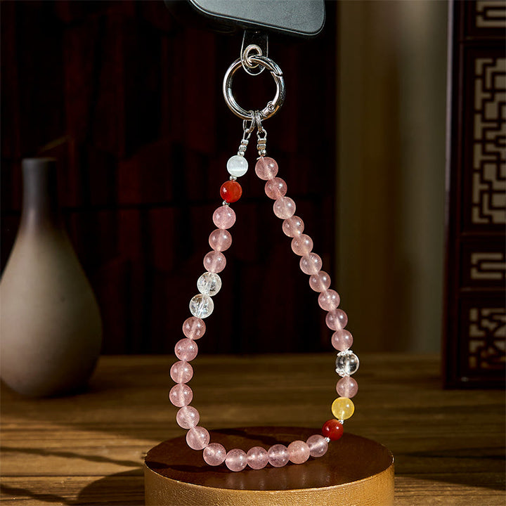 Buddha Stones de 8 mm, cuentas coloridas de cuarzo fresa, llavero con mensaje positivo para teléfono móvil - image 2