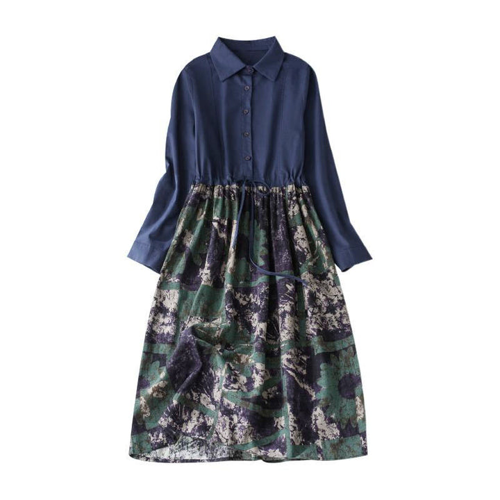 Vestido midi de lino con estampado patchwork otoñal de Buddha Stones, manga larga con cordón ajustable y bolsillos. - image 9