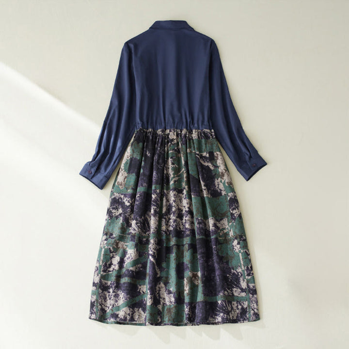 Vestido midi de lino con estampado patchwork otoñal de Buddha Stones, manga larga con cordón ajustable y bolsillos. - image 2