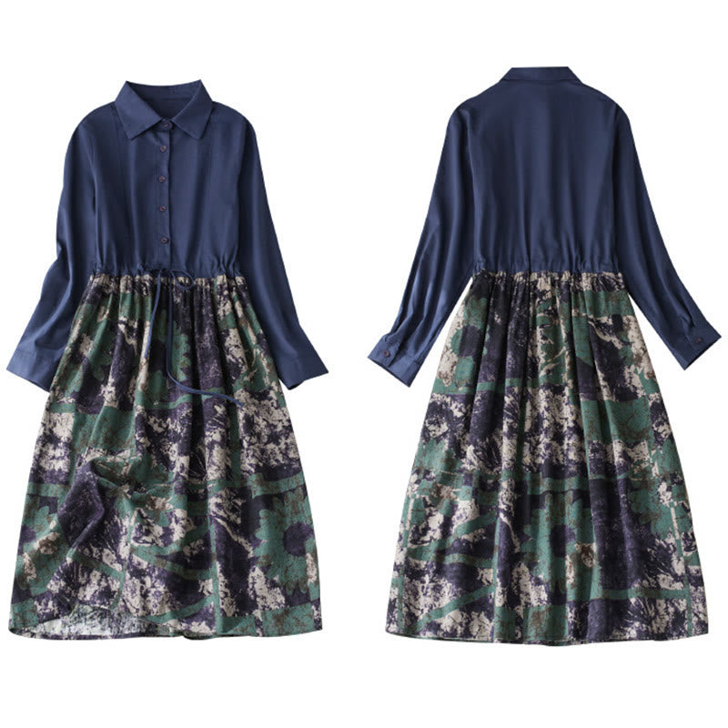 Vestido midi de lino con estampado patchwork otoñal de Buddha Stones, manga larga con cordón ajustable y bolsillos. - image 10